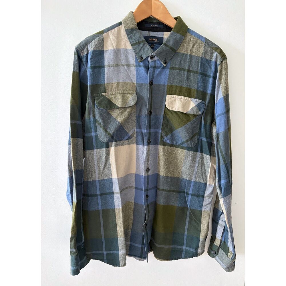 ROARK Flannel Blue Green Plaid Cotton Button Up Long Sleeve Shirt Mens Medium